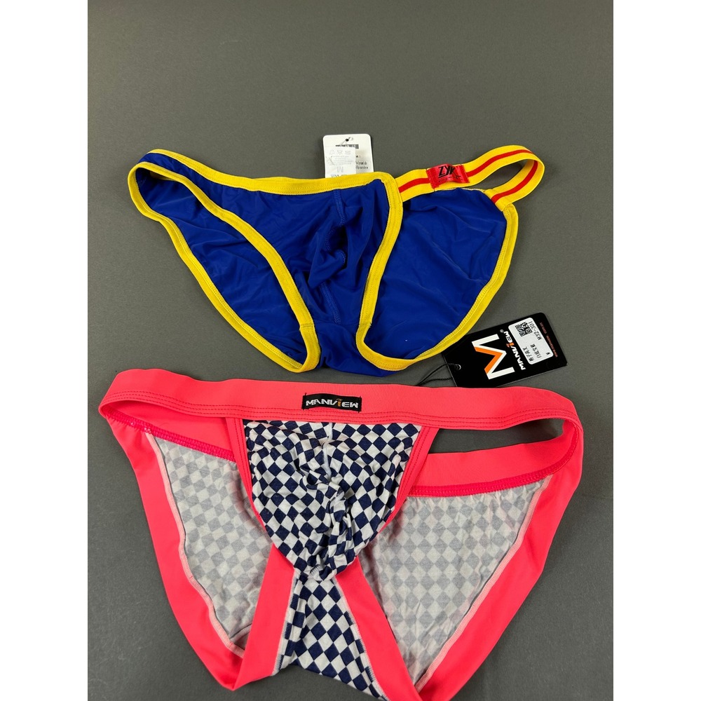 Manview & ZYKU Mens Underwear Bundle Checkered Pink Blue Briefs Size M Lot of 2